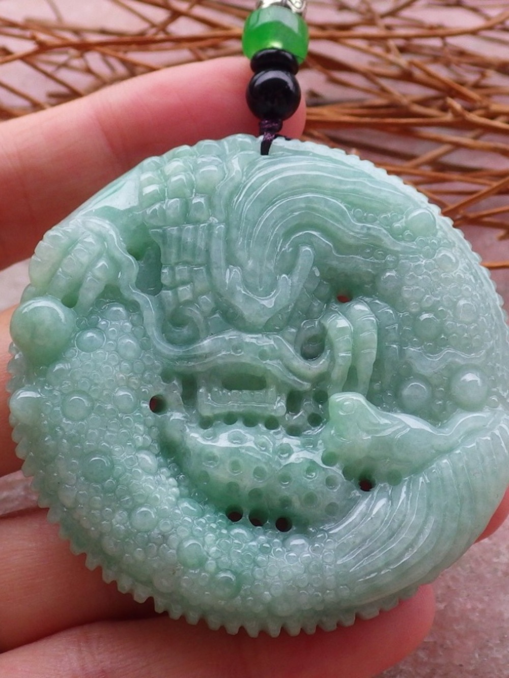 Certified Natural A Jade jadeite Dragon Phoenix Lotus Ruyi Pendant Necklace